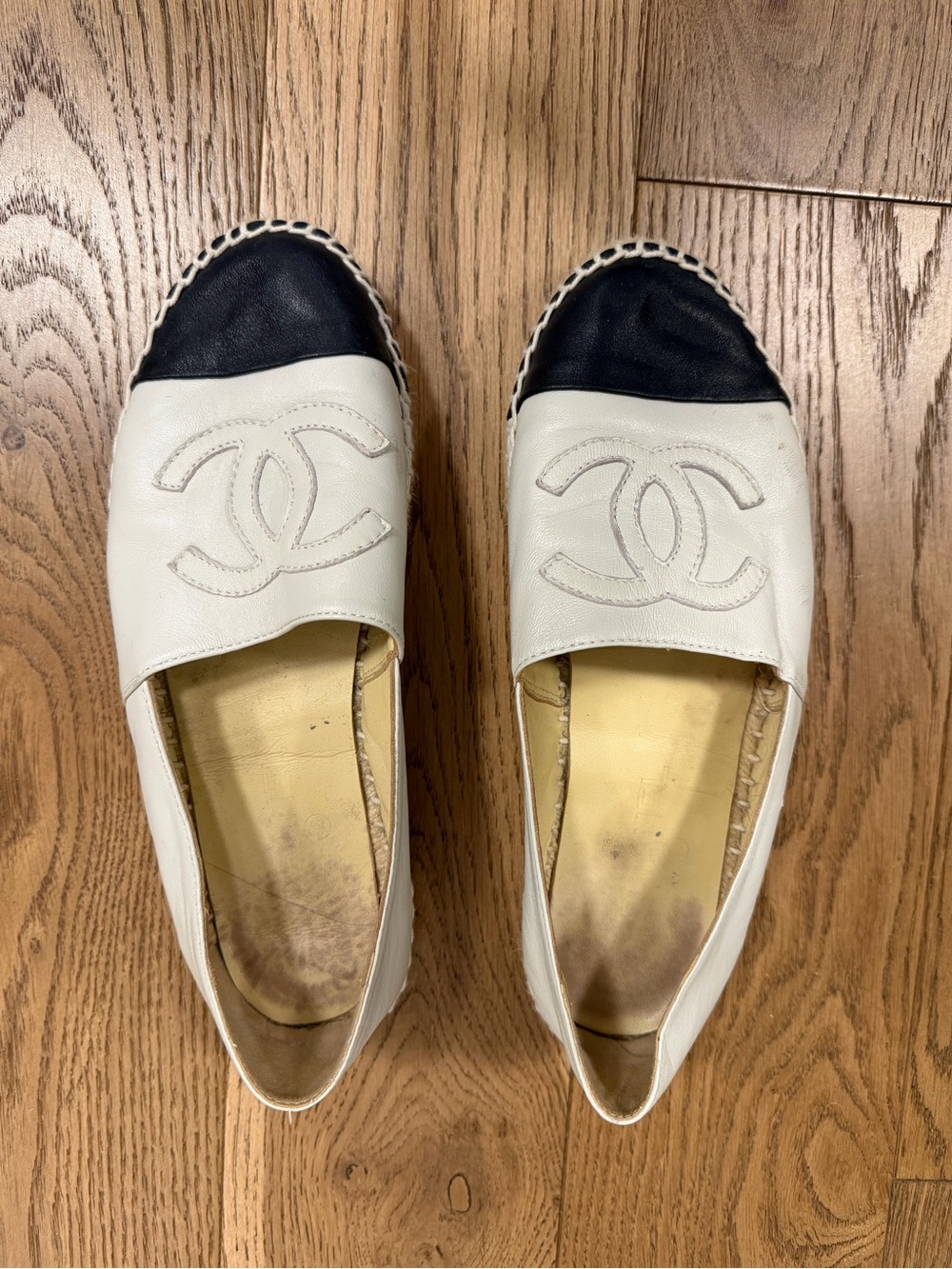 White and Black Leather Espadrille Flats